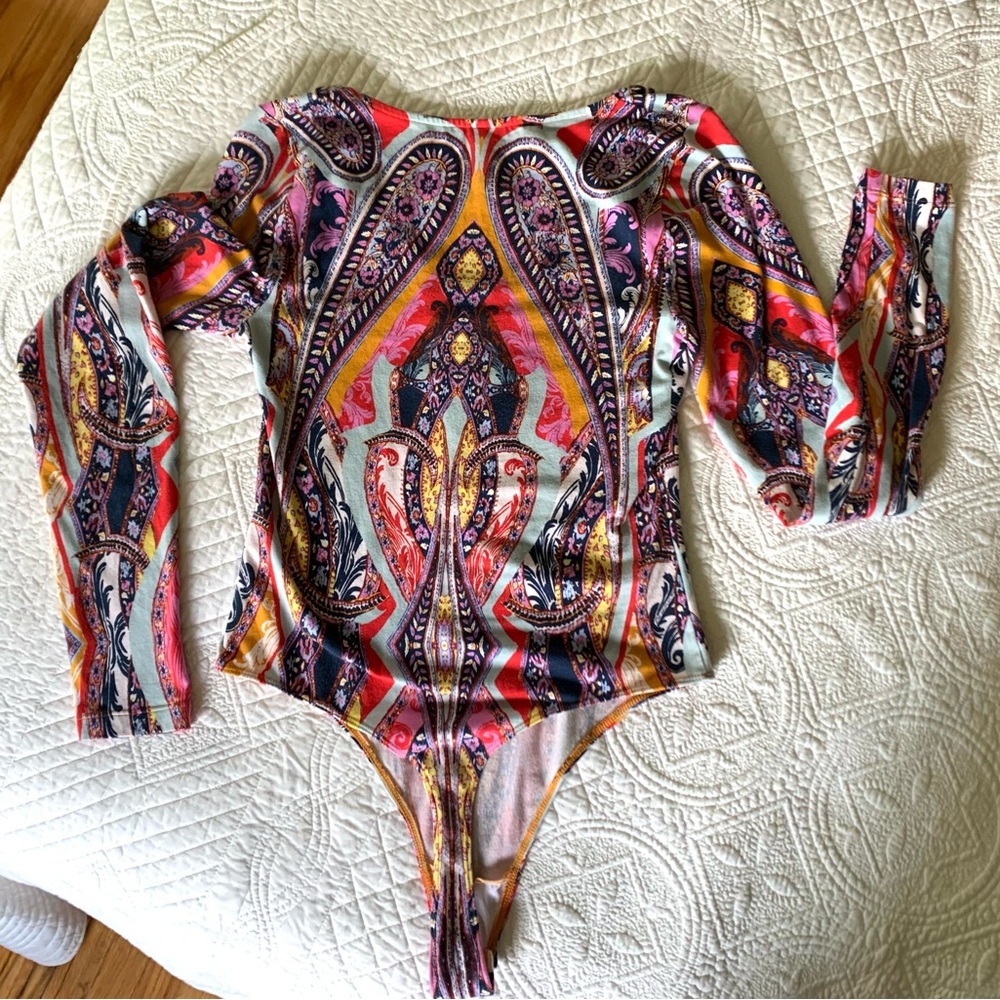 Free People Bodysuit Long Sleeve Top Boho Hippie Top Sz M - Picture 7 of 12
